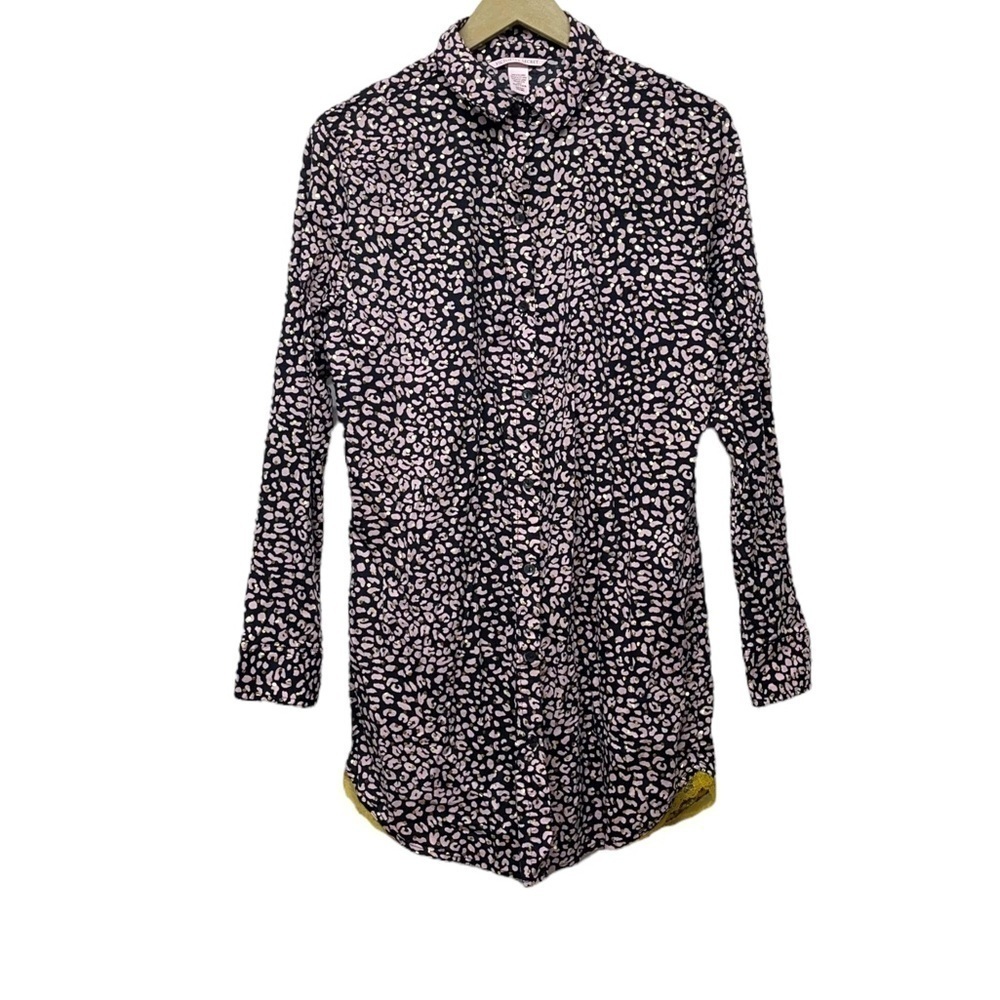Victoria’s Secret Black Pink Leopard Print Button Up Nightgown‎ Size Small